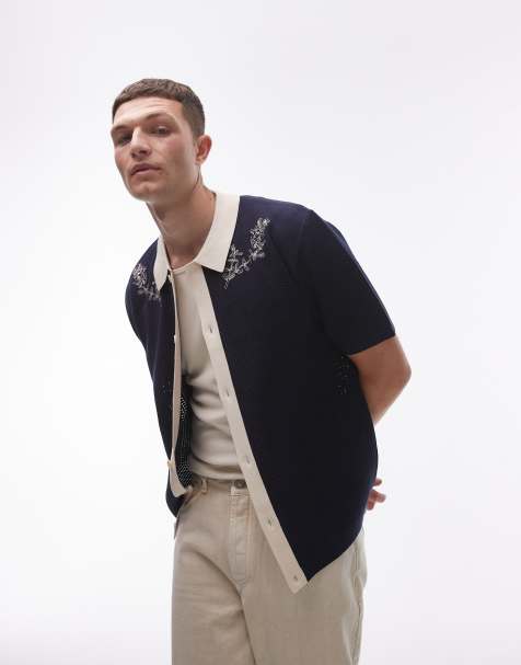 Topman - Ruimvallend gebreid overhemd met borduursels in marineblauw - view 1