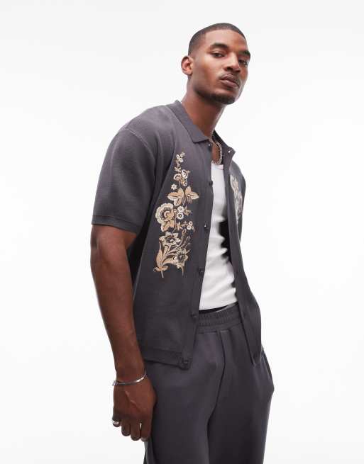 Topman - Ruimvallend gebreid overhemd met geborduurde bloemen in grijs