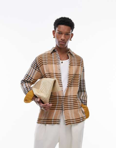 Topman - Ruimvallend geruit overhemd met lange mouwen en textuur in oranje en zwart - view 1