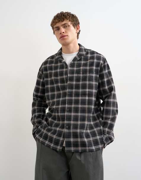 Topman - Ruimvallend geruit overhemd met textuur en reverskraag in zwart - view 1