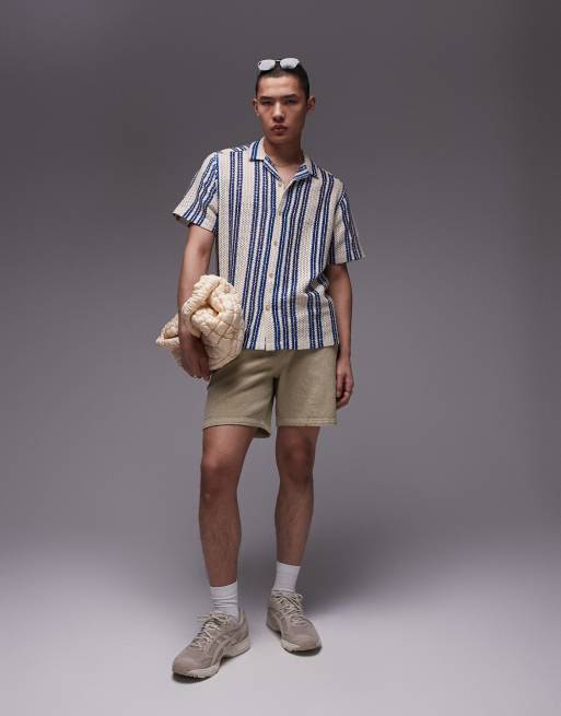 Topman - Ruimvallend gestreept gehaakt overhemd met korte mouwen in blauw