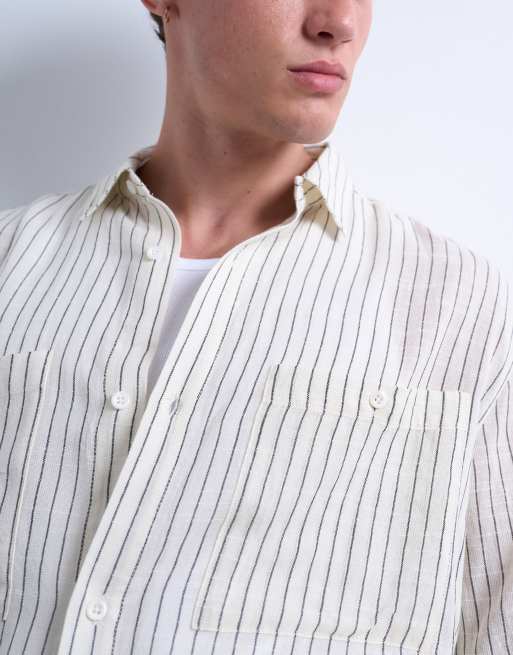 Topman - Ruimvallend gestreept overhemd van kaasdoek met lange mouwen in crème, 3 van 5