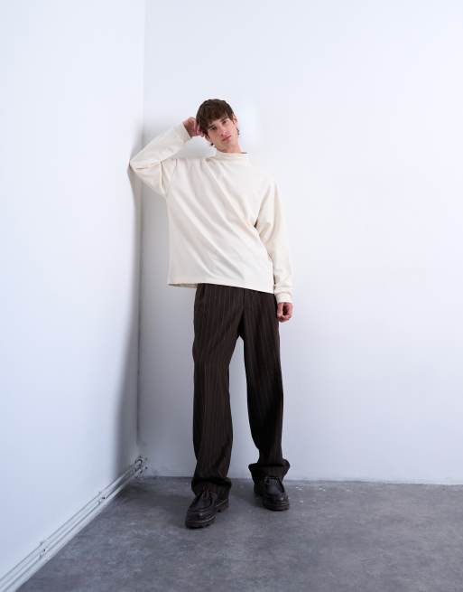 Topman - Ruimvallend hoogsluitend T-shirt met lange mouwen in ecru, 2 van 5
