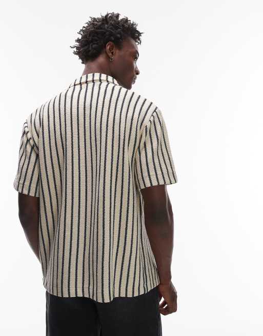 Topman - Ruimvallend jersey overhemd met knopen en gebreide strepen in stone, 3 van 4