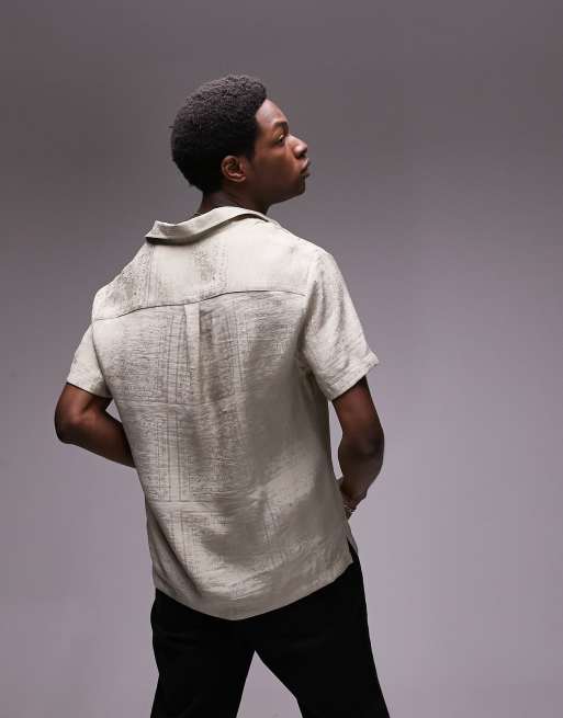 Topman - Ruimvallend overhemd met bandana-jacquard en korte mouwen in stone, 4 van 4
