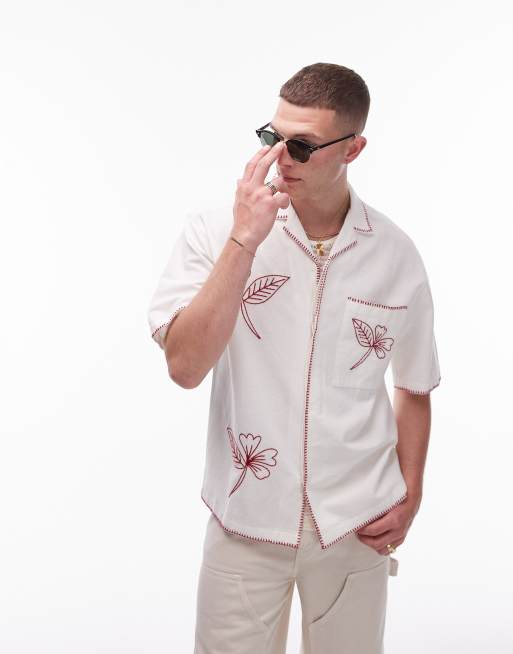 Topman - Ruimvallend overhemd met korte mouwen en borduursels in wit