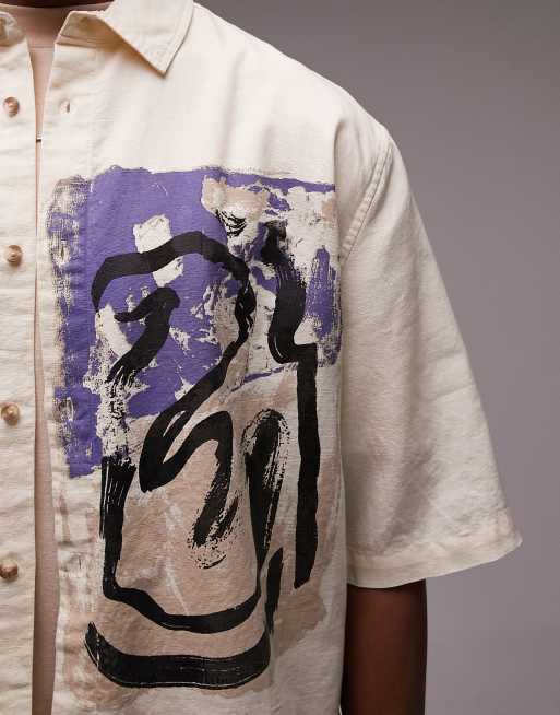 Topman - Ruimvallend overhemd met korte mouwen en plaatselijke print in ecru, 3 van 4
