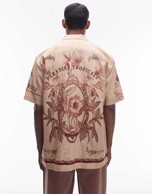 Topman - Ruimvallend overhemd met korte mouwen en print in beige