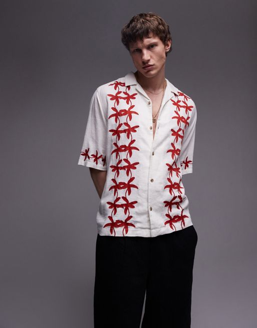 Topman - Ruimvallend overhemd met korte mouwen en rode bloemenprint in wit