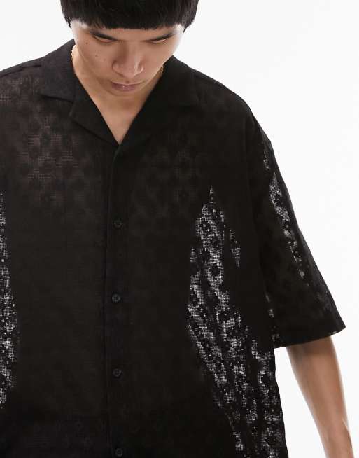 Topman - Ruimvallend overhemd met korte mouwen in zwart gebloemd kant, 3 van 4