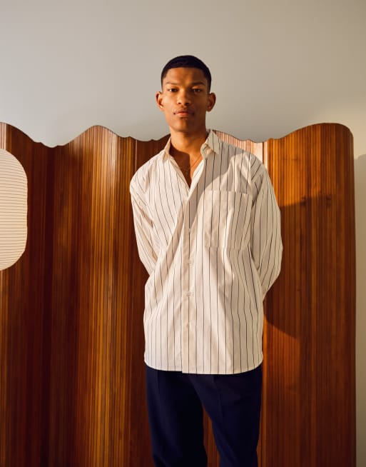 Topman - Ruimvallend overhemd met lange mouwen en mini-strepen in crème