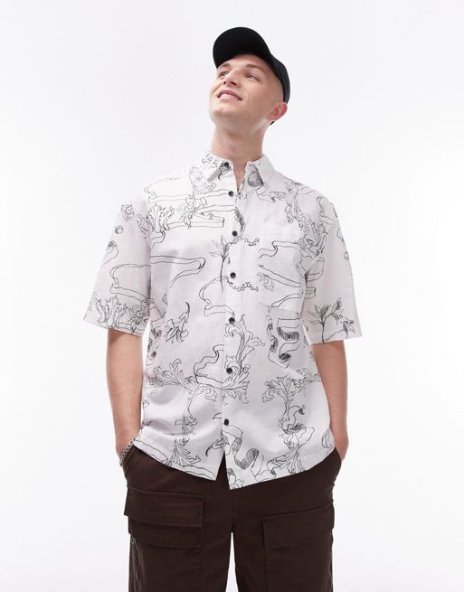 Topman - Ruimvallend overhemd van linnenmix met korte mouwen en print in wit 