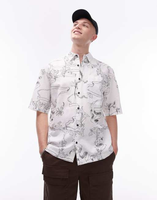 Topman - Ruimvallend overhemd van linnenmix met korte mouwen en print in wit 