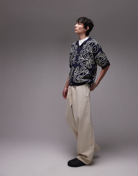 Topman - Ruimvallend overhemd van zware stof met bloemenborduursels in marineblauw en crème - view 1