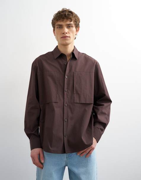 Topman - Ruimvallend poplin overhemd in bruin - view 1
