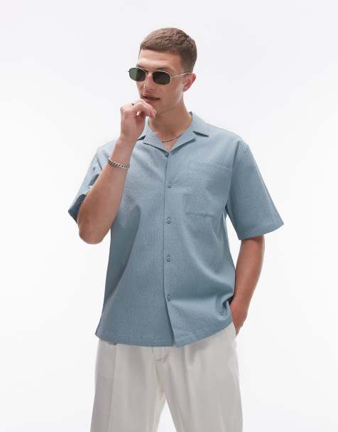 Topman - Ruimvallend seersucker overhemd met korte mouwen in blauw - view 1