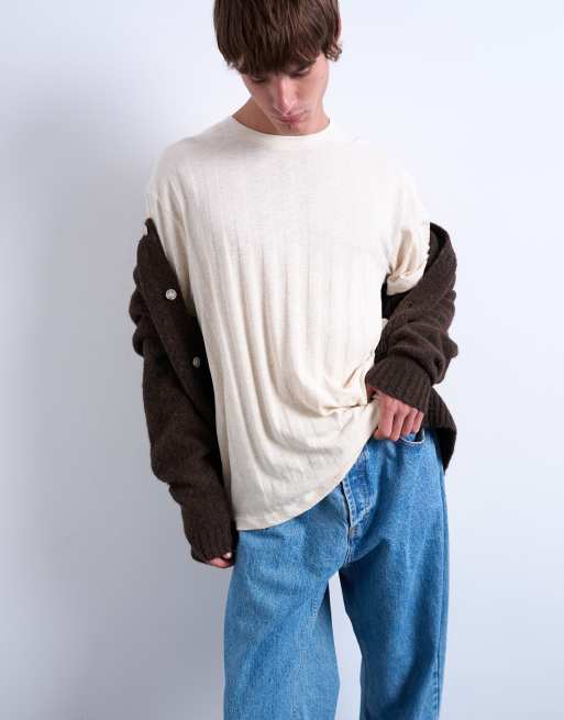 Topman - Ruimvallend T-shirt met verticale strepen met textuur in ecru, 3 van 5