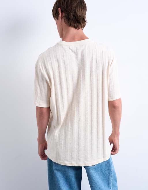 Topman - Ruimvallend T-shirt met verticale strepen met textuur in ecru, 5 van 5