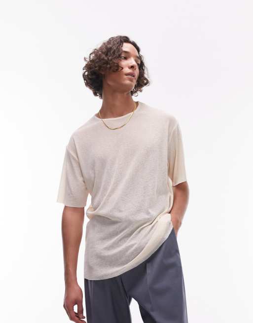 Topman - Ruimvallend T-shirt van crêpestof met onafgewerkte zoom in stone