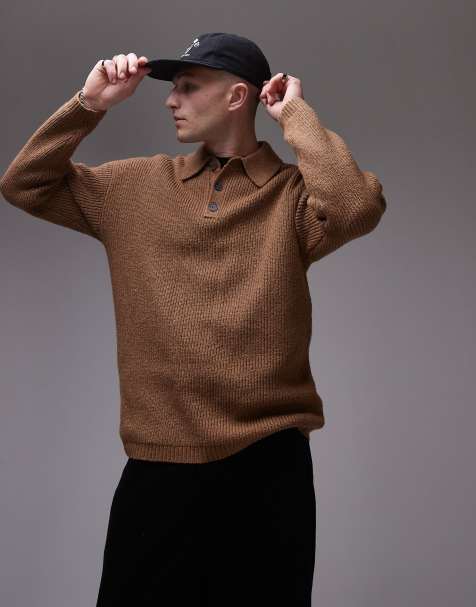 Topman - Ruimvallende, compact gebreide trui met polokraag in bruin - view 1