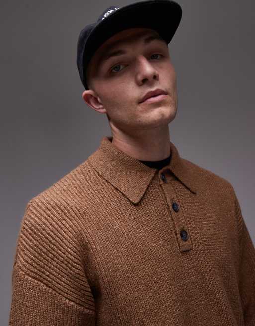 Topman - Ruimvallende, compact gebreide trui met polokraag in bruin, 2 van 4