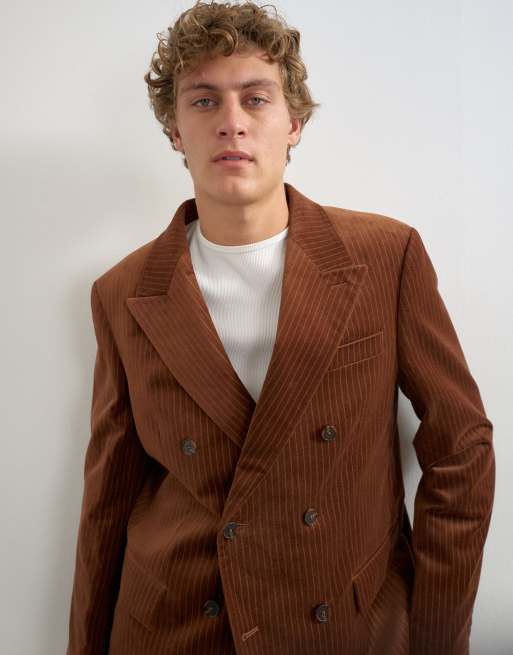 Topman ruimvallende dubbelrijs blazer van velours met streep in lichtbruin, 4 van 5