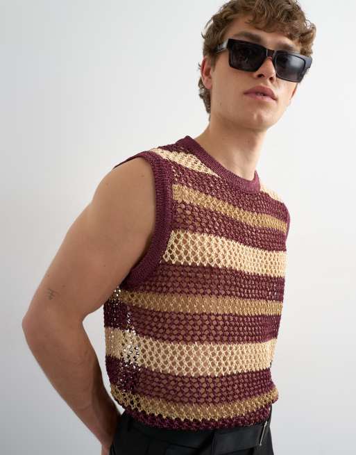 Topman - Ruimvallende gebreide gehaakte gestreepte tanktop in bordeauxrood, 2 van 5
