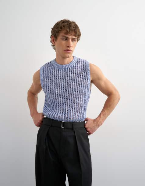Topman - Ruimvallende gebreide gehaakte tanktop in blauw - view 1