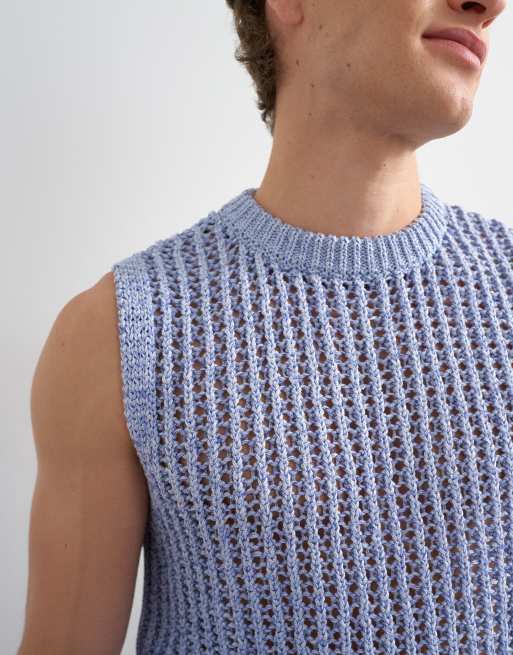 Topman - Ruimvallende gebreide gehaakte tanktop in blauw, 2 van 5