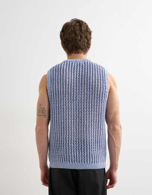 Topman - Ruimvallende gebreide gehaakte tanktop in blauw, 4 van 5