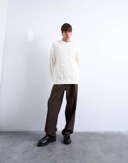 Topman - Ruimvallende gebreide kabeltrui van zware stof in creme, 2 van 5