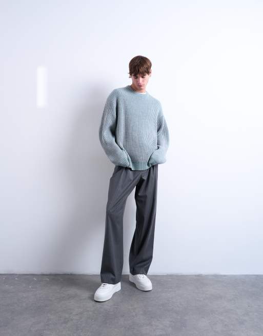 Topman - Ruimvallende gebreide visserstrui in blauw met wassing, 2 van 5