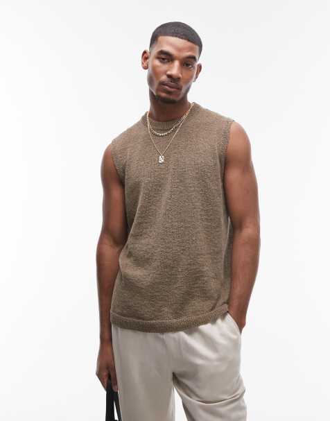 Topman - Ruimvallende gehaakte tanktop met ronde hals in kaki - view 1