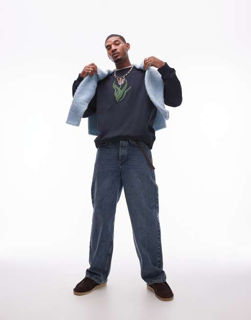 Topman - Ruimvallende jeans in blauw met vintage donkere wassing