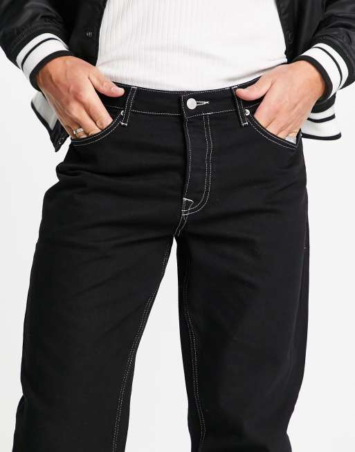 Topman - Ruimvallende jeans met contrasterende stiksels in zwart, 3 van 4