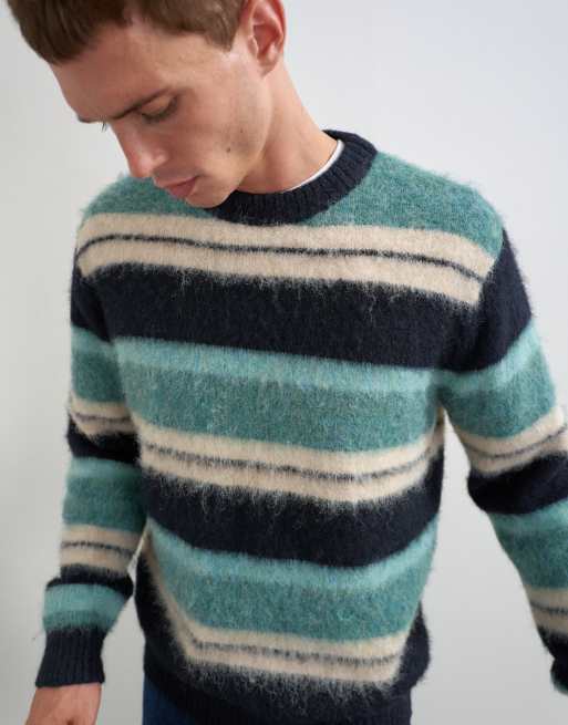 Topman ruimvallende pluizige gestreepte gebreide trui in teal, 4 van 5
