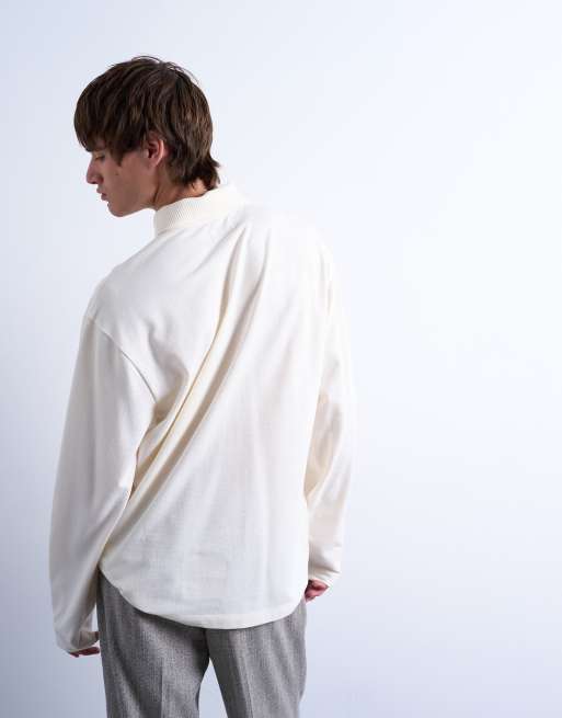 Topman - Ruimvallende polo met structuur, stiksels en lange mouwen in ecru , 3 van 5