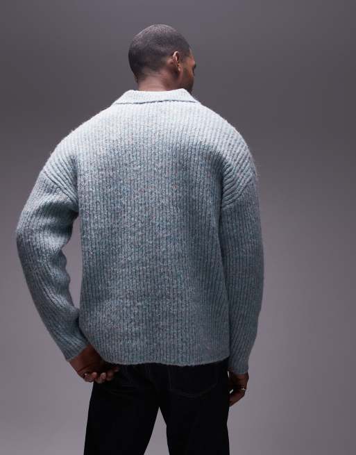 Topman - Ruimvallende trui met open kraag in gemêleerd saliegroen, 4 van 4
