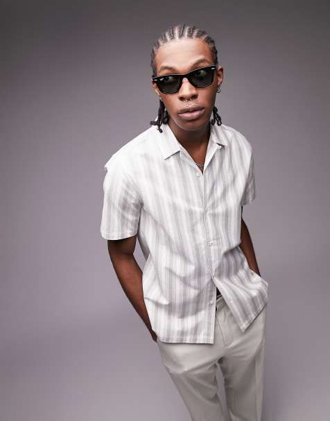 Topman sage green stripe oxford camp collar shirt - view 1