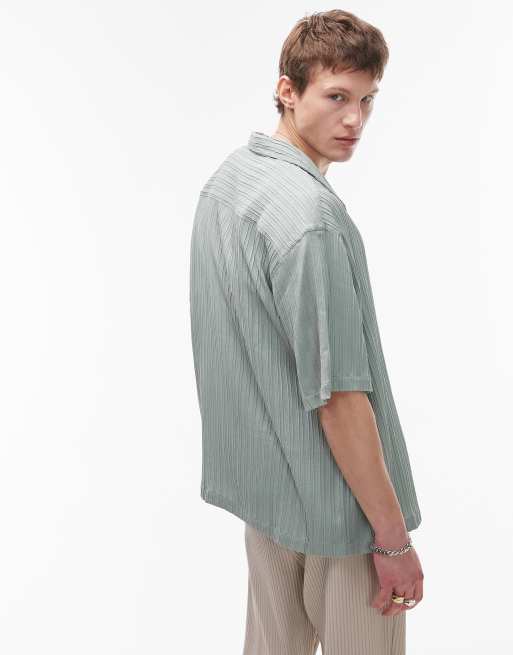 Topman – Salviagrön, strukturerad, plisserad skjorta med korta ärmar, 3 av 4