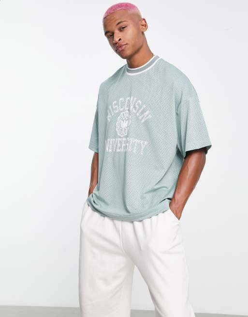Topman – Salviagrön t-shirt i mesh och extra oversize med Wisconsin-tryck 