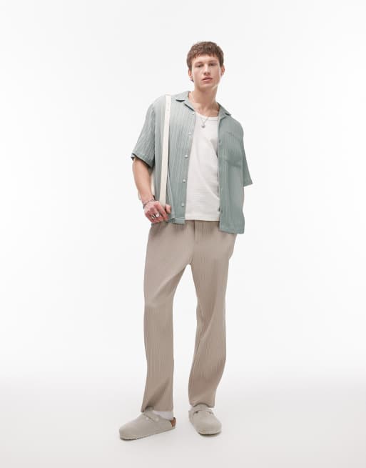 Topman - Salviegrøn skjorte med korte ærmer, plisseringer og tekstur, 2 af 4