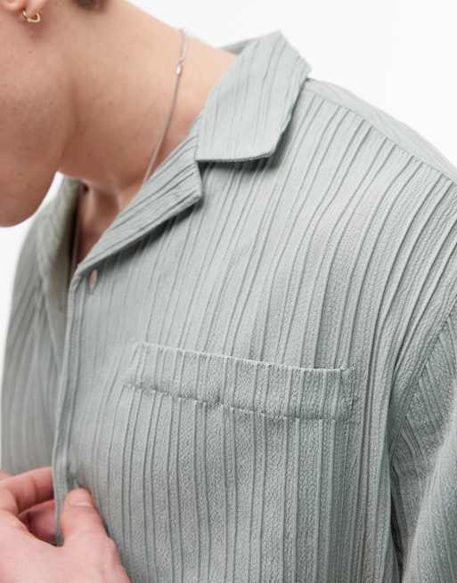 Topman - Salviegrøn skjorte med korte ærmer, plisseringer og tekstur, 4 af 4