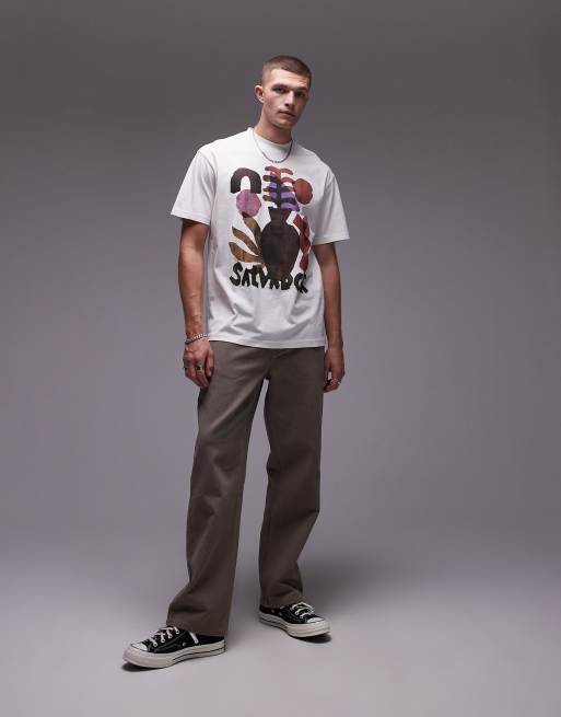 Topman – Sandfärgad, tvättad t-shirt i oversize med Salvador-tryck, 2 av 4