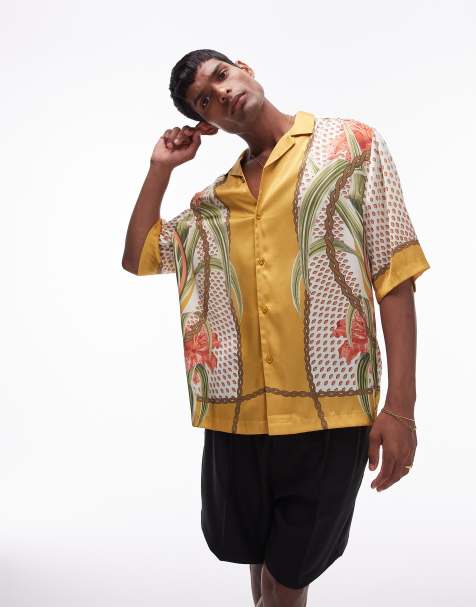 Topman - Satijnen overhemd met korte mouwen en botanische randprint - view 1