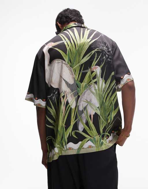 Topman - Satijnen overhemd met korte mouwen en reiger in zwart, 2 van 4