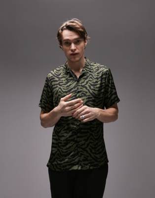 Topman satin deep revere shirt in khaki animal print-Green