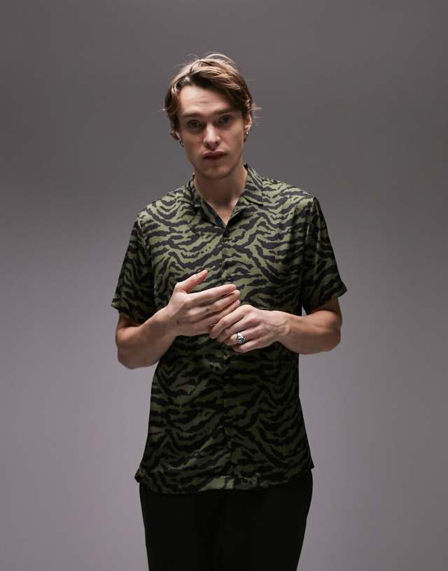 Topman satin deep revere shirt in khaki animal print