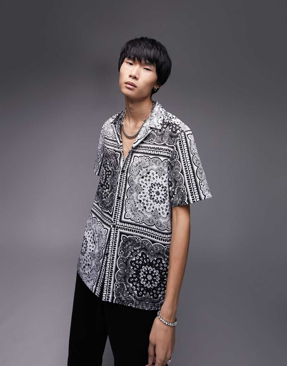 Short Sleeve Regular Fit Revere Bandana Satin Shirt