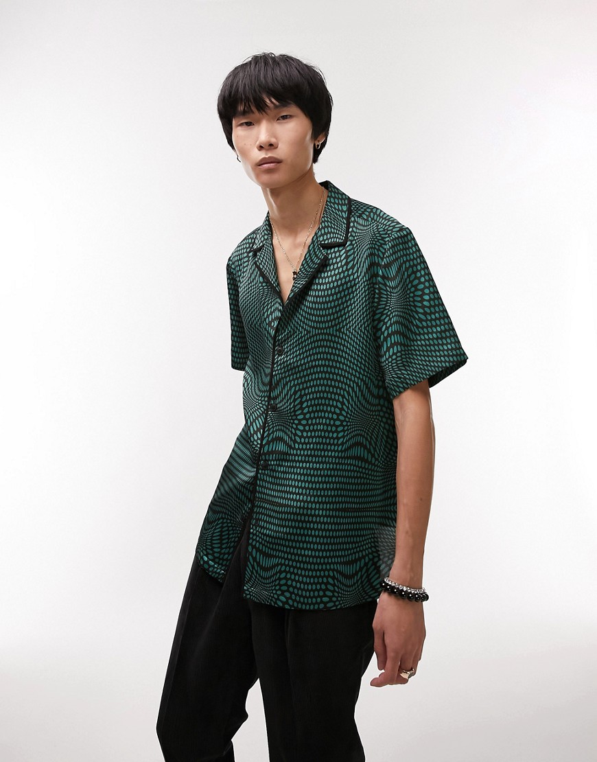 Topman satin revere shirt with piping in teal dot print-Black